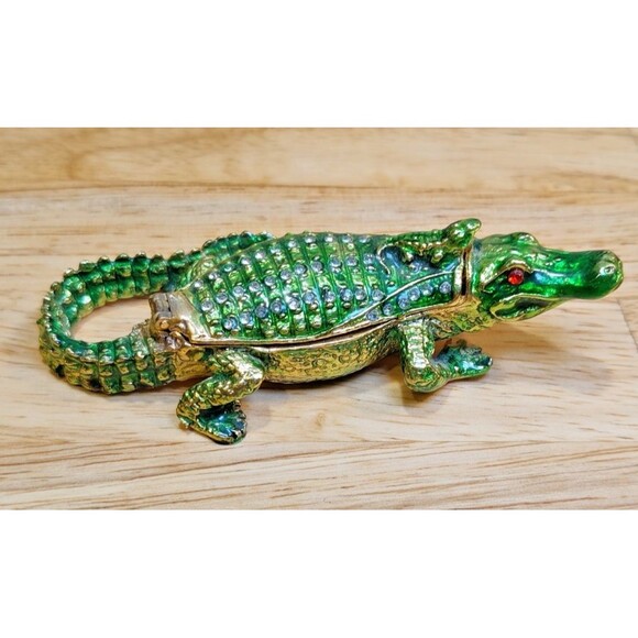 Jeweled Enamel Metal Green Alligator Jewelry Trinket Box w/Hinged Magnetic Lid - Picture 1 of 8